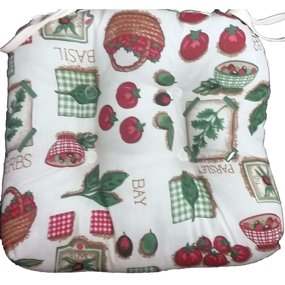 SET OF 2 SAME THICK REVERSIBLE CHAIR CUSHION PADS with ties, TOMATOES BASIL, B&D
